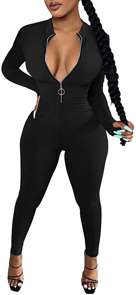 Price:$17.99 Women's Sexy Casual Long Sleeve V Neck Zipper One Piece Bodycon Jumpsuit : Clothing, Shoes & Jewelry