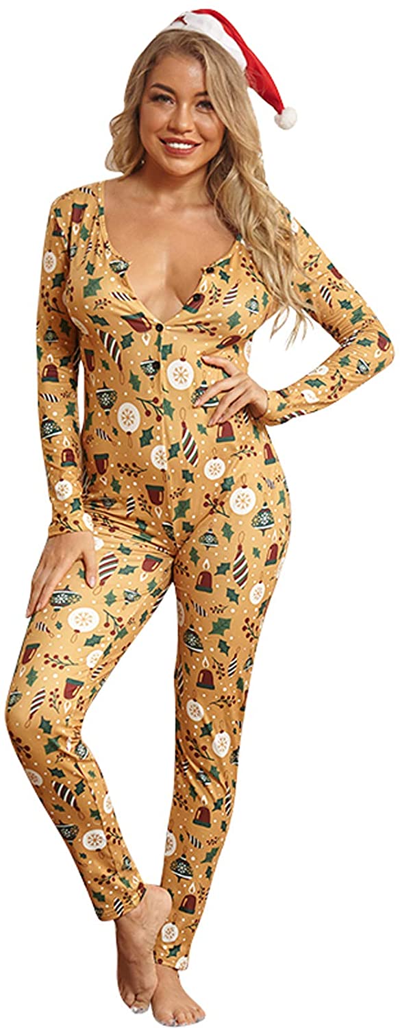 Price:$17.99 Women's Sexy Deep V-Neck Jumpsuit Long Sleeve Bodycon Romper Pants One Piece Christmas Pajamas Onesies : Clothing, Shoes & Jewelry