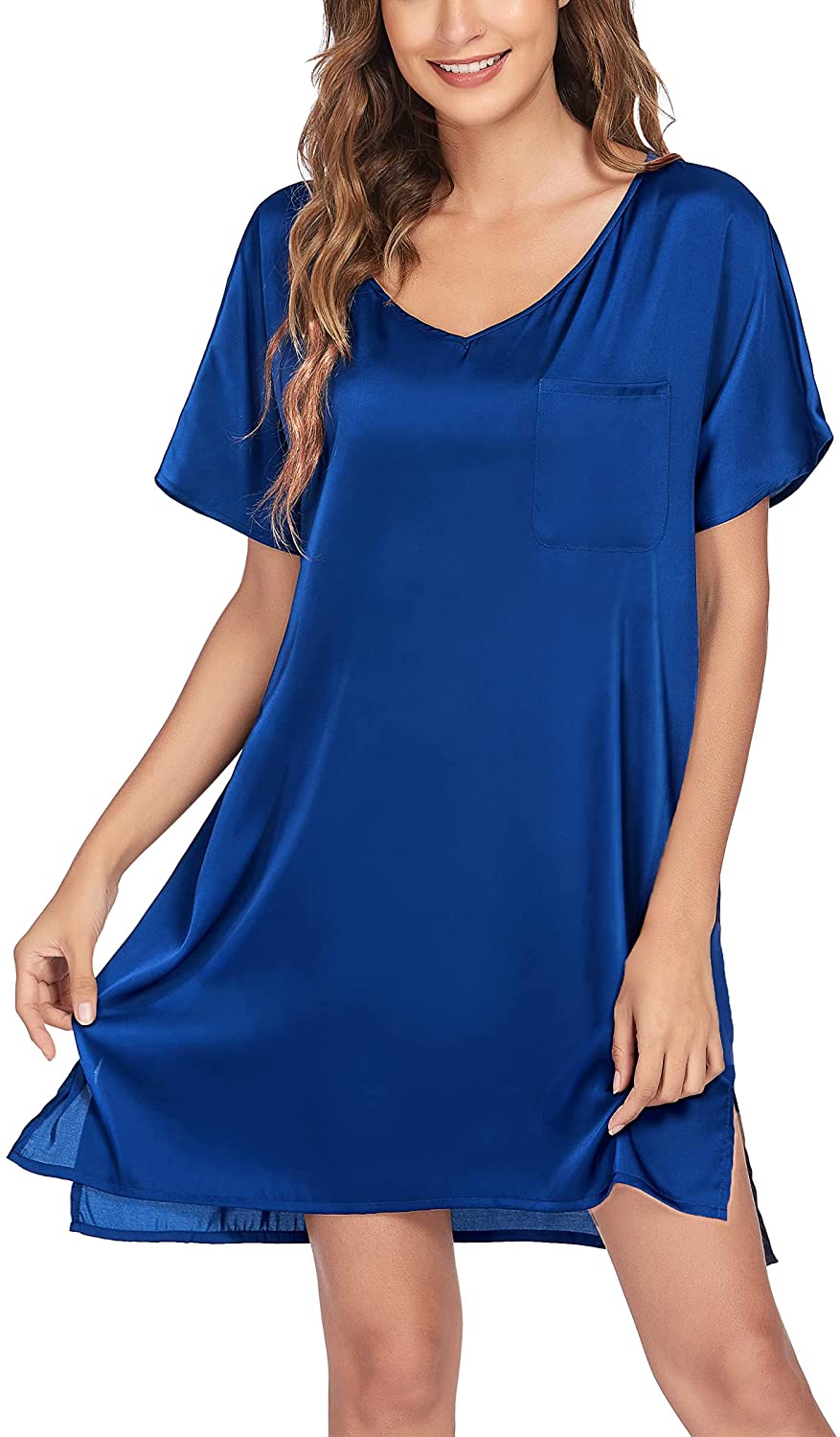 Price:$19.99 Women's Satin Nightgowns V Neck Side Split Sleepshirt Short Sleeves Sleepwear Chest Pocket Nightshirt S-XXL at Amazon Women’s Clothing store