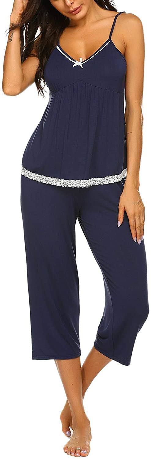 Price:$12.99 Womens Pajamas Set V-Neck Cami Top and Capris Pants Sleepwear Pjs Set S-XXL at Amazon Women’s Clothing store