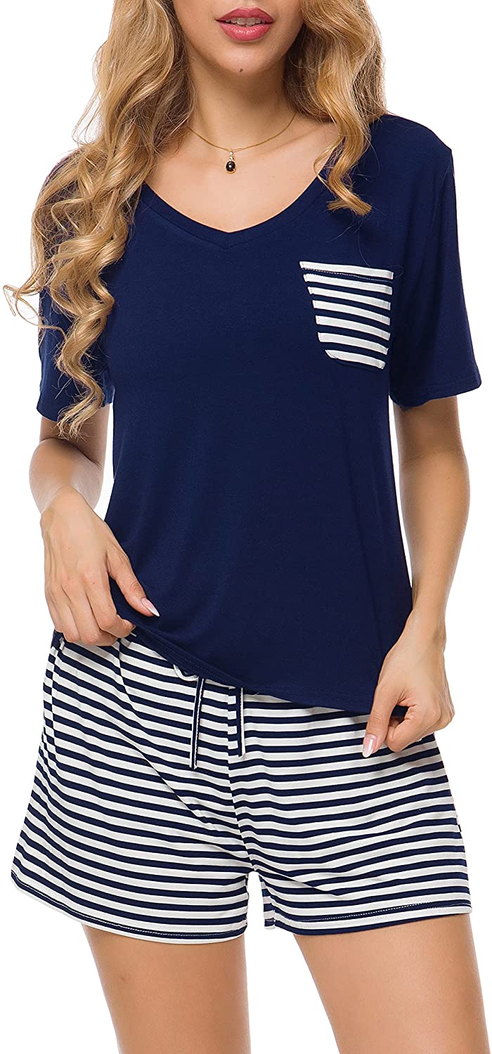 Price:$21.00 Women Nightwear Short Sleeve Shirt and Shorts Pajama Set V Neck Sleepwear at Amazon Women’s Clothing store