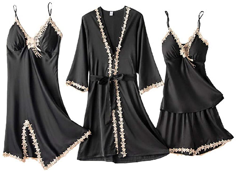 Price:$15.99 Women's Silk Satin Pajama Sets 4 Pcs Sexy Lace V-neck Sleeveless Robe Sets with Chest Pads : Clothing, Shoes & Jewelry