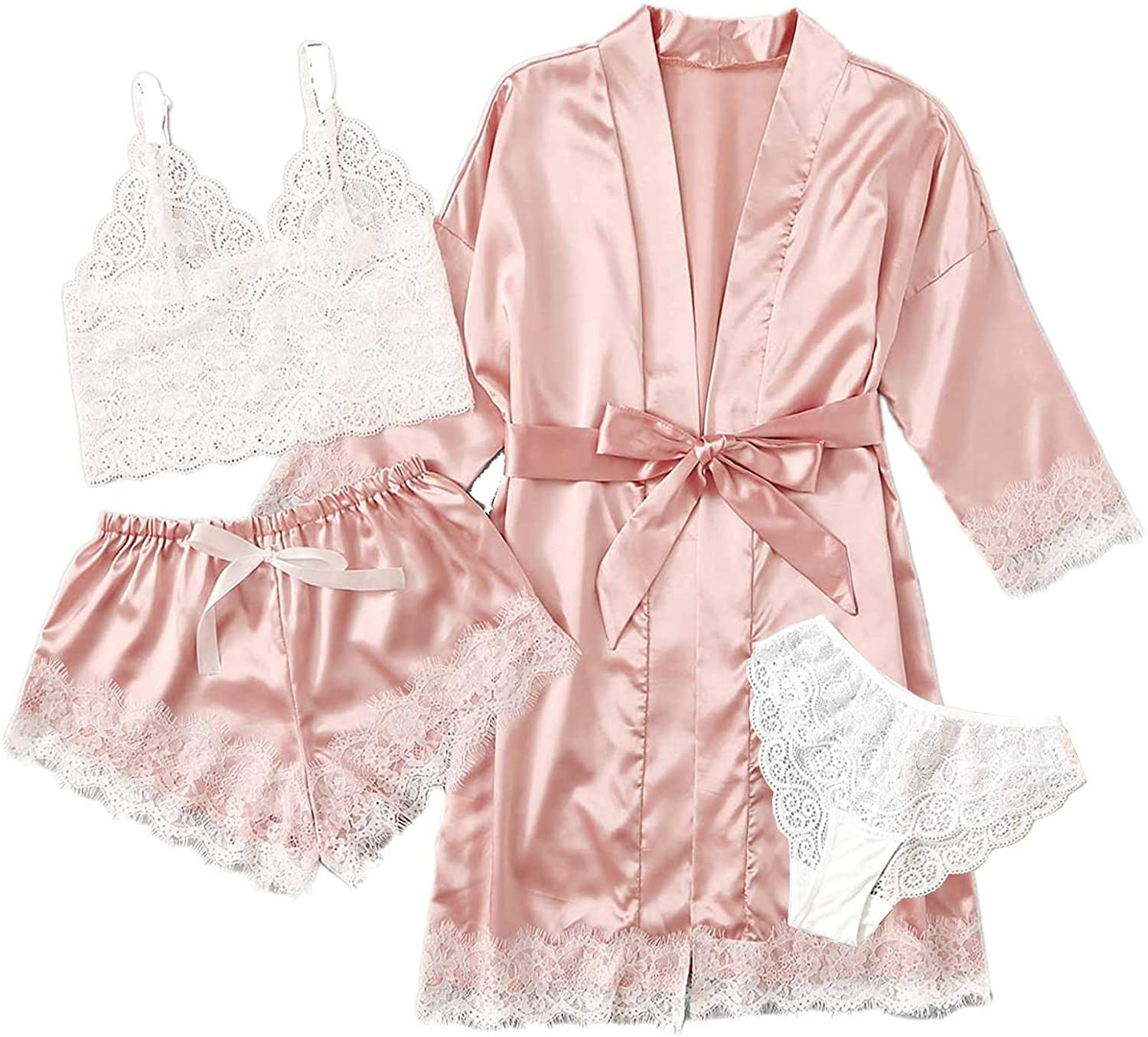 Price:$16.99 4pcs Women's Satin Pajama Set with Robe Cami Sleepwear Floral Lace Trim Satin Shorts Sexy Lingerie Plus Size: Clothing, Shoes & Jewelry