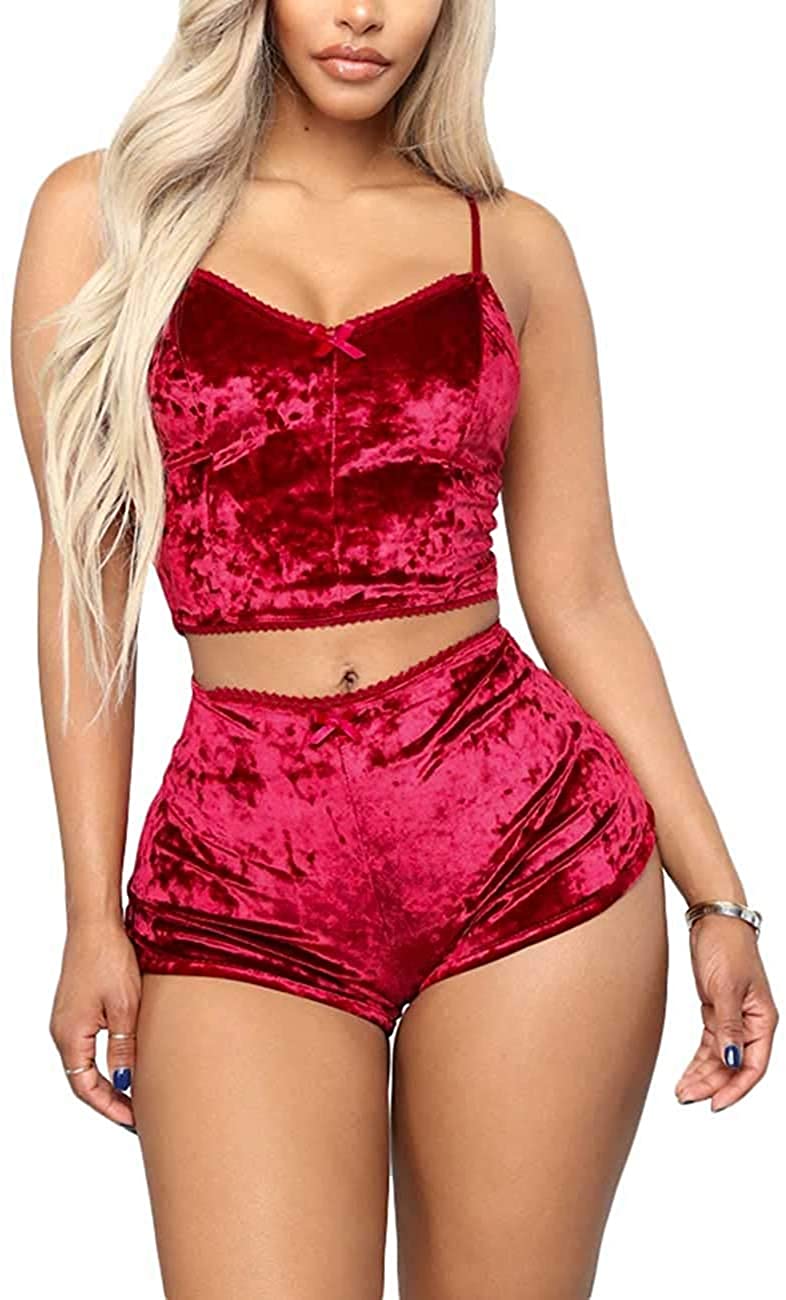 Price:$9.99 Women's Velvet 2 Piece Outfit Spaghetti Strap Sleeveless Crop Top+ Shorts Set at Amazon Women’s Clothing store
