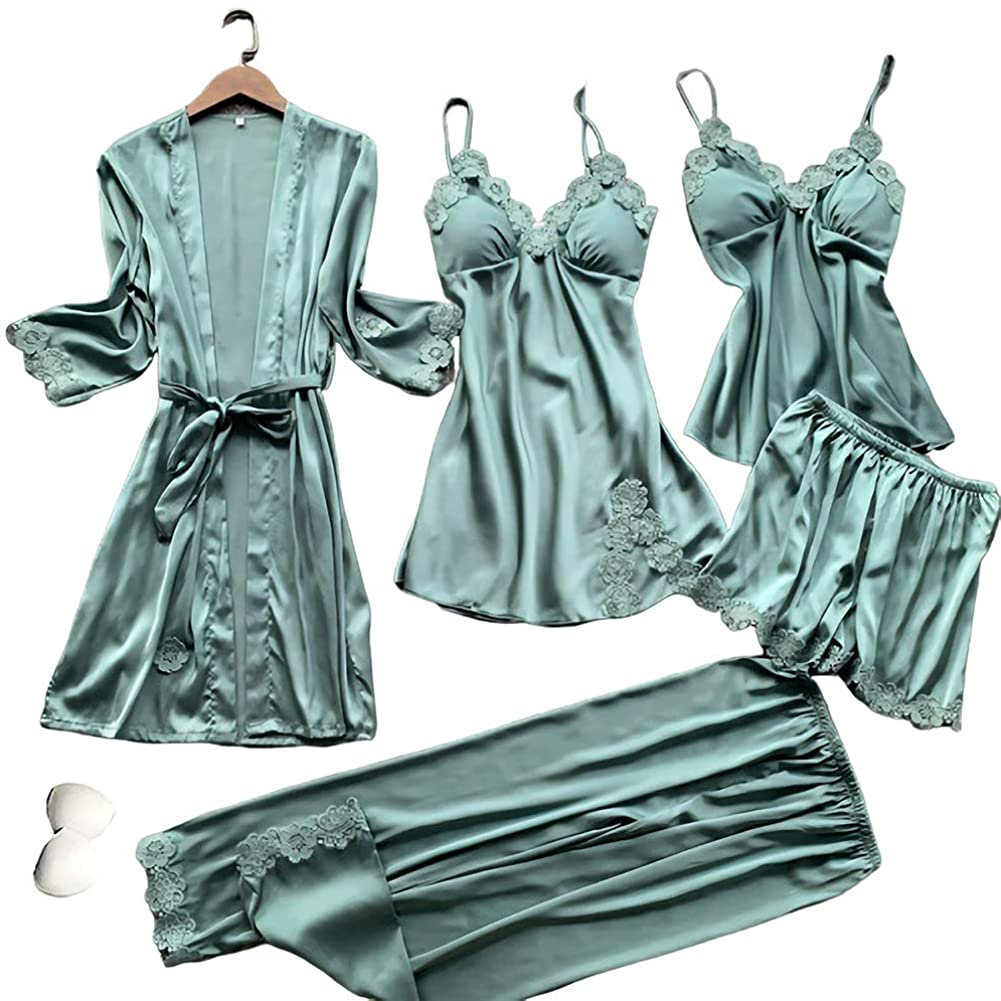 Price:$38.99 Women's 5pcs Silk Satin Pajama Set Sexy Cami Top Nightgown Lace Sleepwear Robe Sets Nightdress with Chest Pads at Amazon Women’s Clothing store