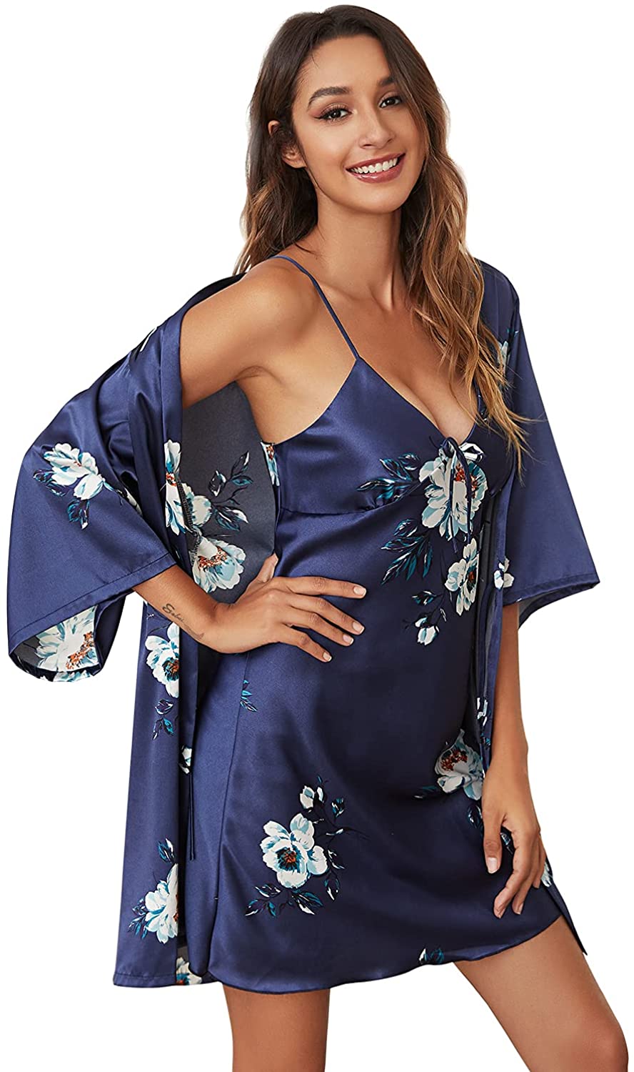 Price:$26.99 Women's Silk Satin Pajamas Sets 2Pcs Floral Silky Pj Robe Set with Chemise Nightgown at Amazon Women’s Clothing store