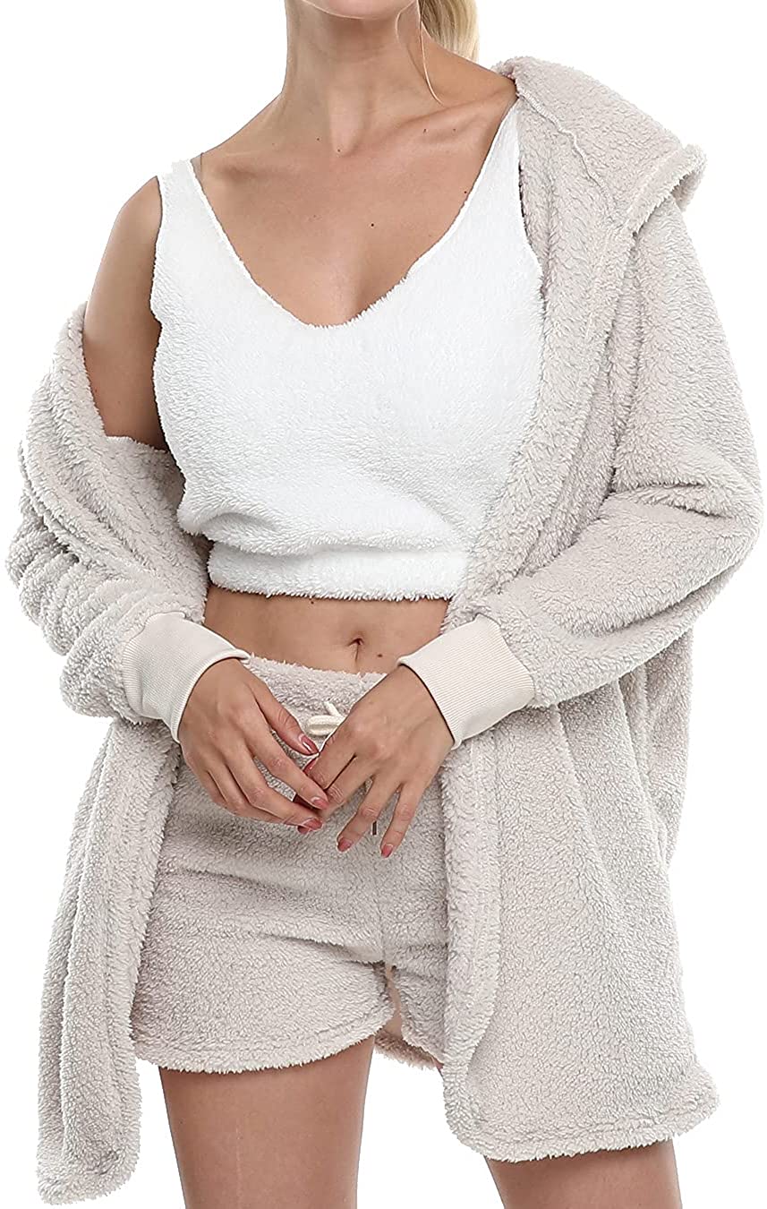 Price:$29.99 Fuzzy Fleece Sexy 3 Piece Outfits Pajamas Sherpa Coat Jacket and Spaghetti Strap Crop Top Shorts Set at Amazon Women’s Clothing store