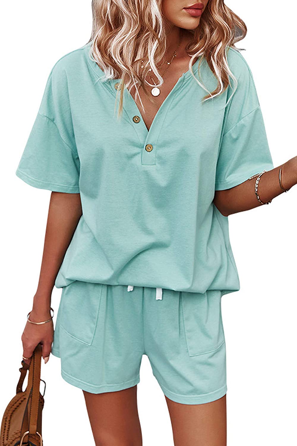 Price:$25.99 Two Piece Pajamas Set Short Sleeve Tops with Drawstring Shorts Jogger Track Suits Sleepwear Loungewear at Amazon Women’s Clothing store