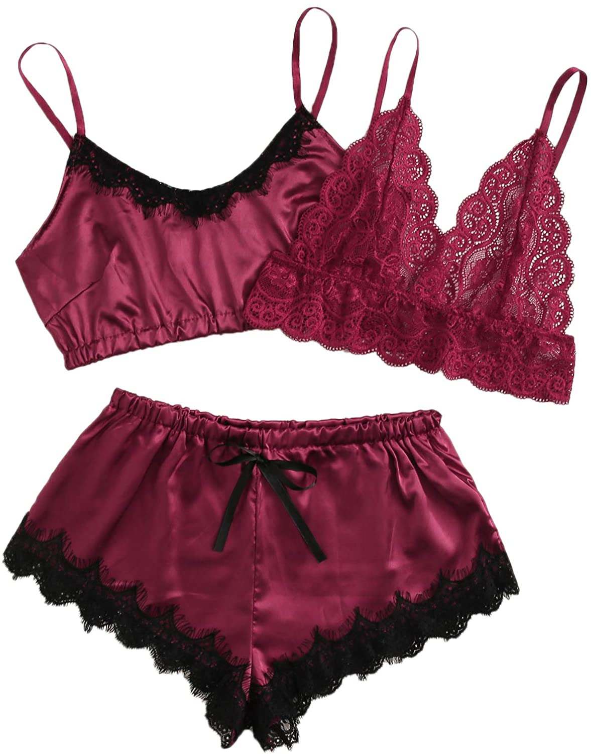 Price:$15.99 Women's Sexy Sheer Lace Satin Lingerie Set Bralette Top and Shorts Pajama Set at Amazon Women’s Clothing store