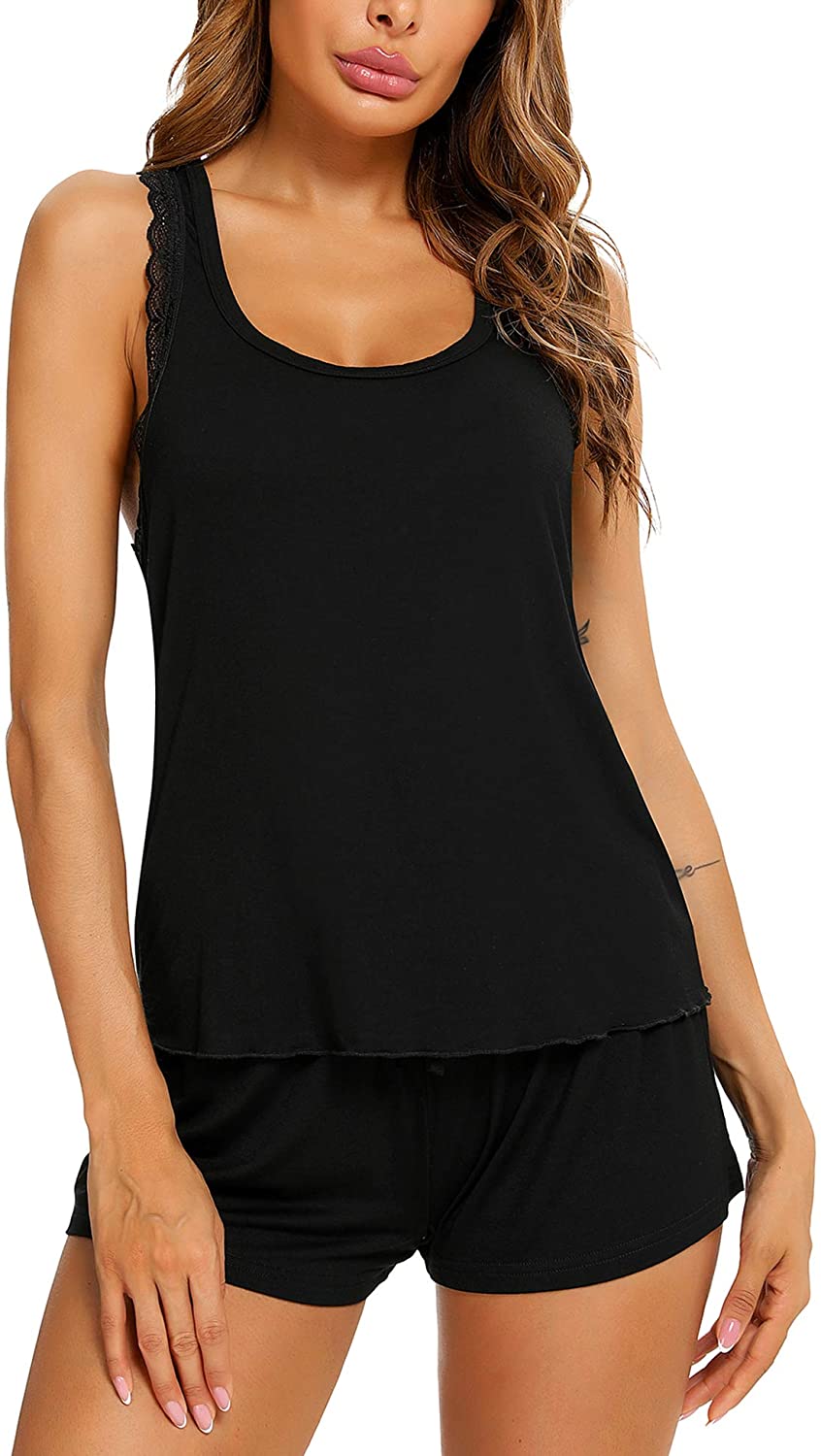 Price:$10.49 Women Short Pajama Set Sleeveless Sleepwear Lace Cami Soft Tank Top and Shorts PJ Set at Amazon Women’s Clothing store