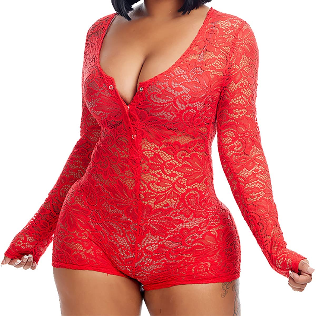 Price:$18.99 Norboe Women’s Jumpsuit Sexy Lace Long Sleeve Shortly Onesie V Neck Pajama Sets Overall One Piece Bodysuit Bodycon Romper : Clothing, Shoes & Jewelry