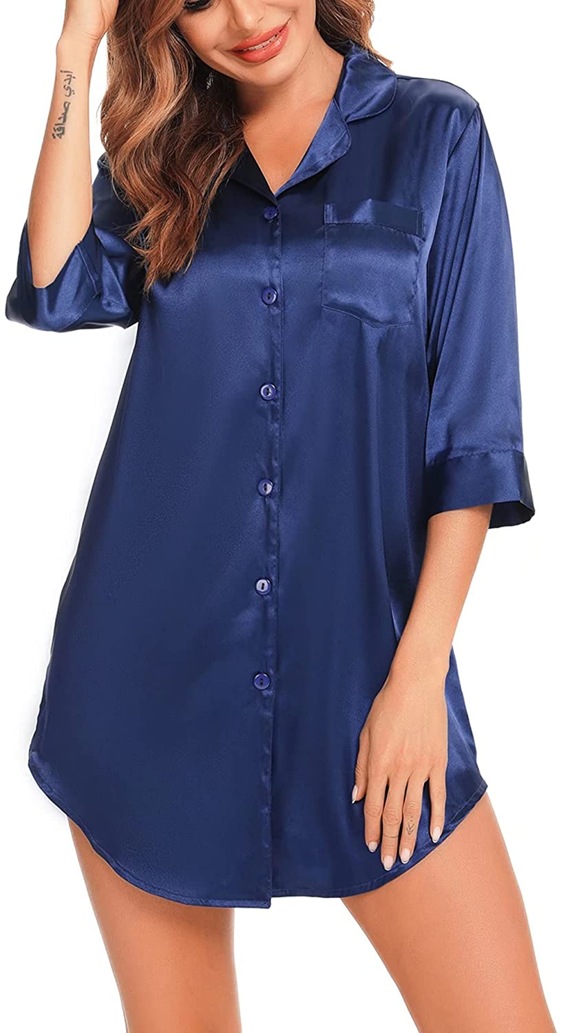 Price:$18.99 Women's Satin Nightgown Button Down Sleepshirt 3/4 Sleeve Nightshirt Silk Pajama Top Notch Collar Sleepwear at Amazon Women’s Clothing store