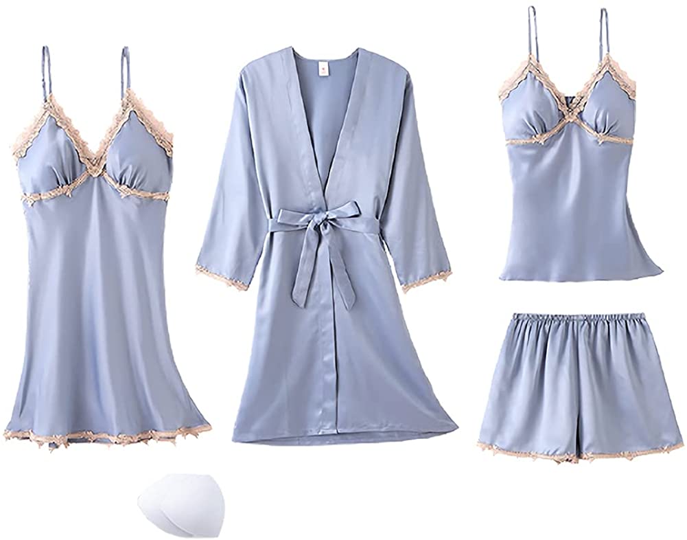 Price:$25.99 Satin Pajamas Sets for Women 4pcs Women's Silk Lace Sleepwear with Chest pads Sexy Robe Nightdress Loungewear : Clothing, Shoes & Jewelry