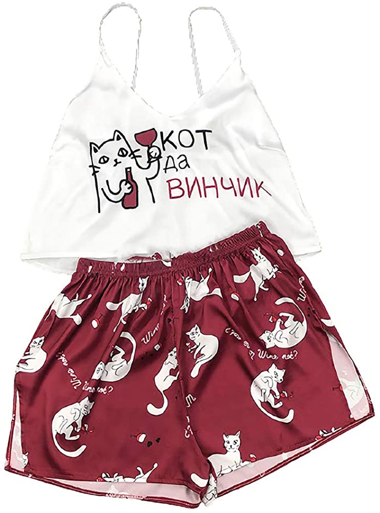 Price:$7.99 Pajama Sets for Women Satin Cami Shorts Sets Silk Print Lingerie Sexy Sleepwear 2 Piece Pjs Soft Nightwear at Amazon Women’s Clothing store