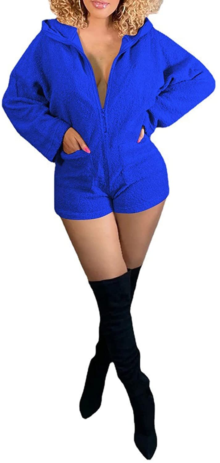 Price:$31.99 Womens Sherpa Fleece Hoodie Long Sleeve Zip Up Pockets Bodycon One Piece Rompers Jumpsuits Loungewear Pajama : Clothing, Shoes & Jewelry