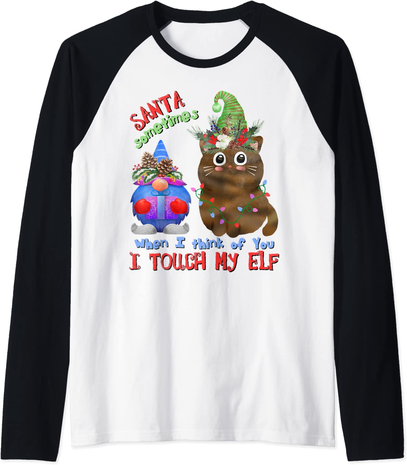 Price:$24.99 Cute Cat Kitten Pun Meowy Catmas Santa Touch-My-Elf Raglan Baseball Tee : Clothing, Shoes & Jewelry
