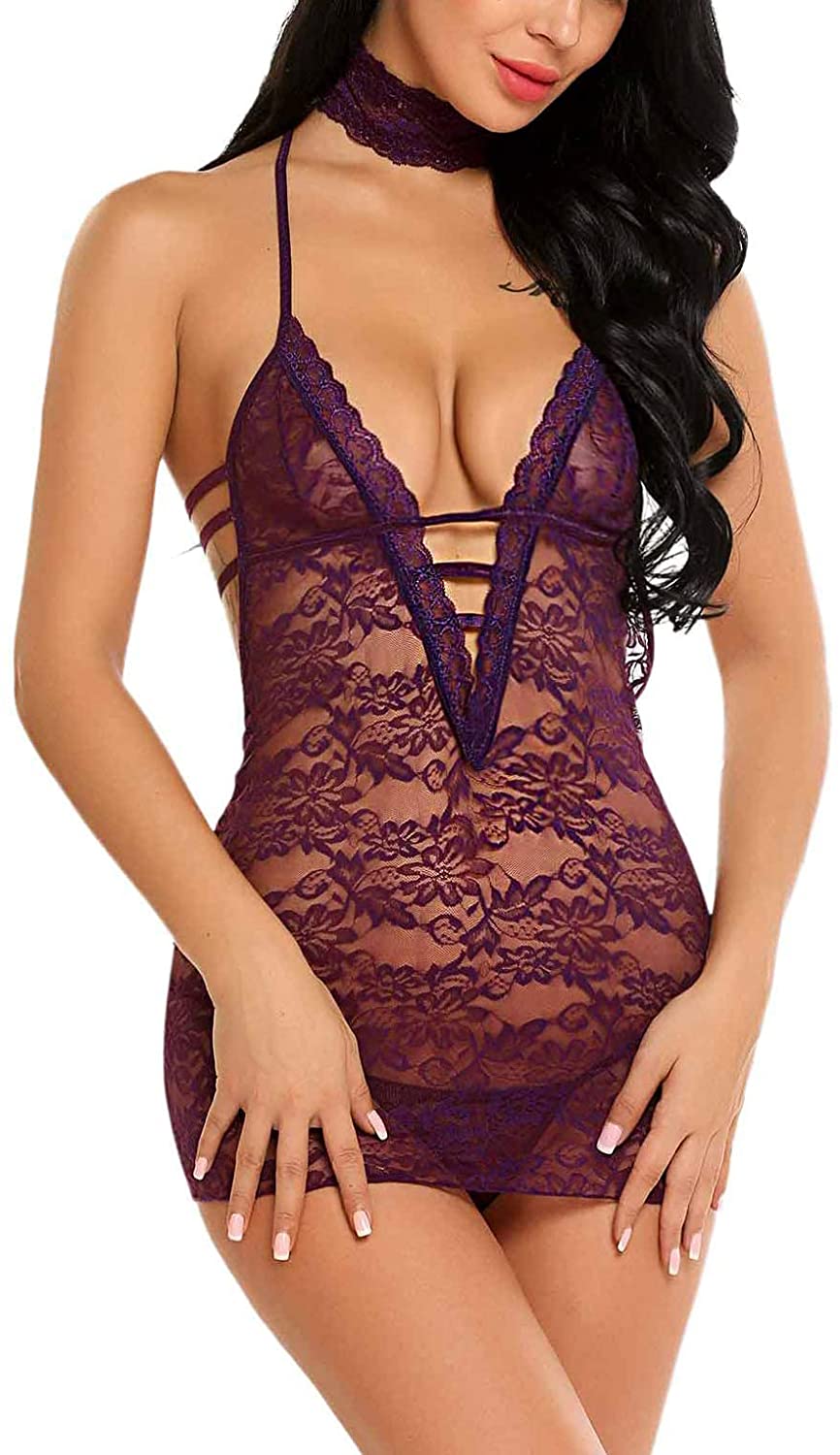 Price:$14.48 Women Babydoll Lingerie Lace Chemise Halter Nightwear Teddy Dress at Amazon Women’s Clothing store