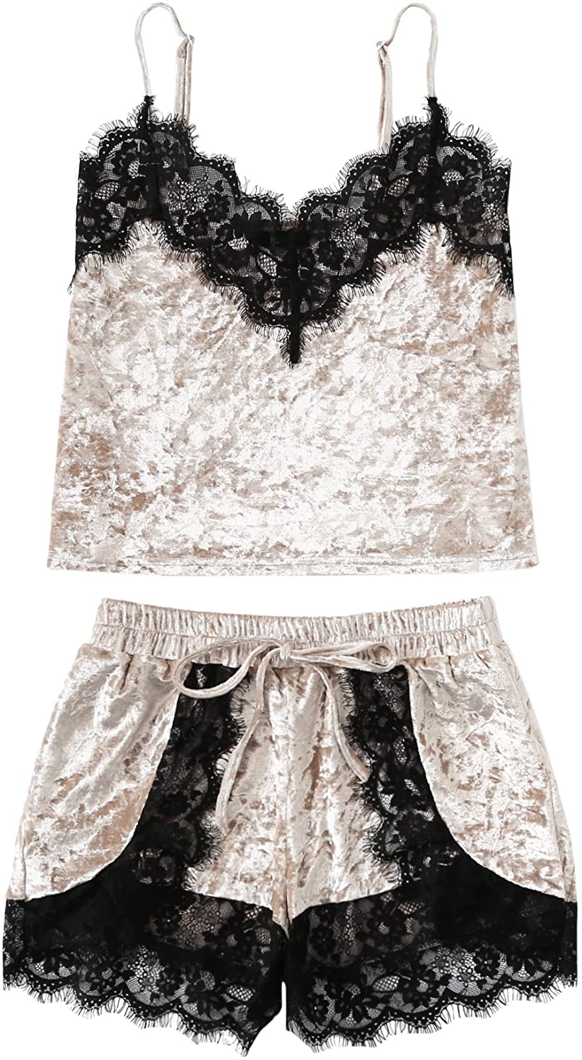 Price:$19.99 Women's Lace Trim V Neck Cami and Shorts Pajama Set Sexy Sleepwear at Amazon Women’s Clothing store