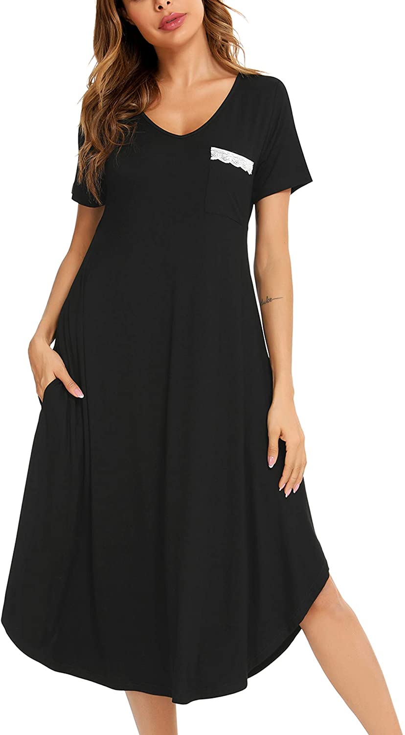 Price:$15.46 Women Long Nightgown Short Sleeve Sleepwear Soft Loungewear Nightshirt Sleep Dress with Pockets at Amazon Women’s Clothing store