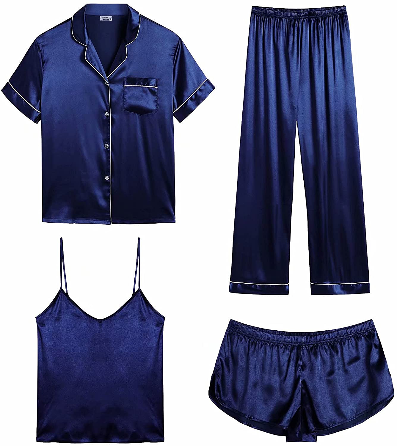 Price:$24.99 Womens 4pcs Pajamas Sets Silk Satin Sleepwear Sexy Cami with Button Down Short Sleeve Shirt Pjs Loungewear at Amazon Women’s Clothing store