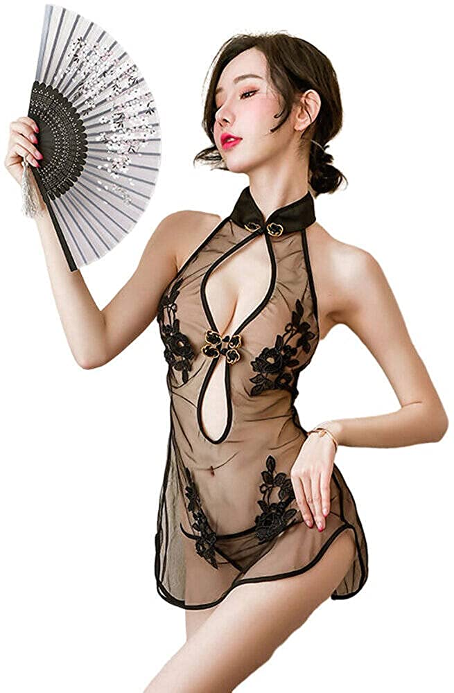 Price:$16.99 Kimono Lingerie Nightdress Lace Sling Pajamas Revealing Lingerie Babydoll (Black) at Amazon Women’s Clothing store