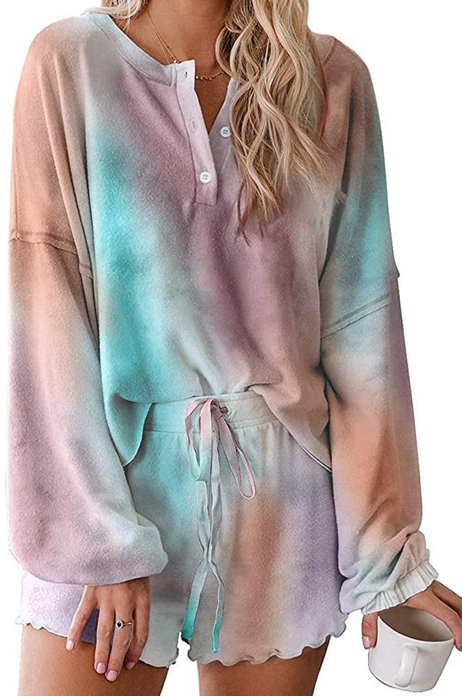 Price:$15.29 Tie Dye Printed Lounge Sets Long Sleeve Short PJ Set Nightwear Sleepwear Loungewear at Amazon Women’s Clothing store