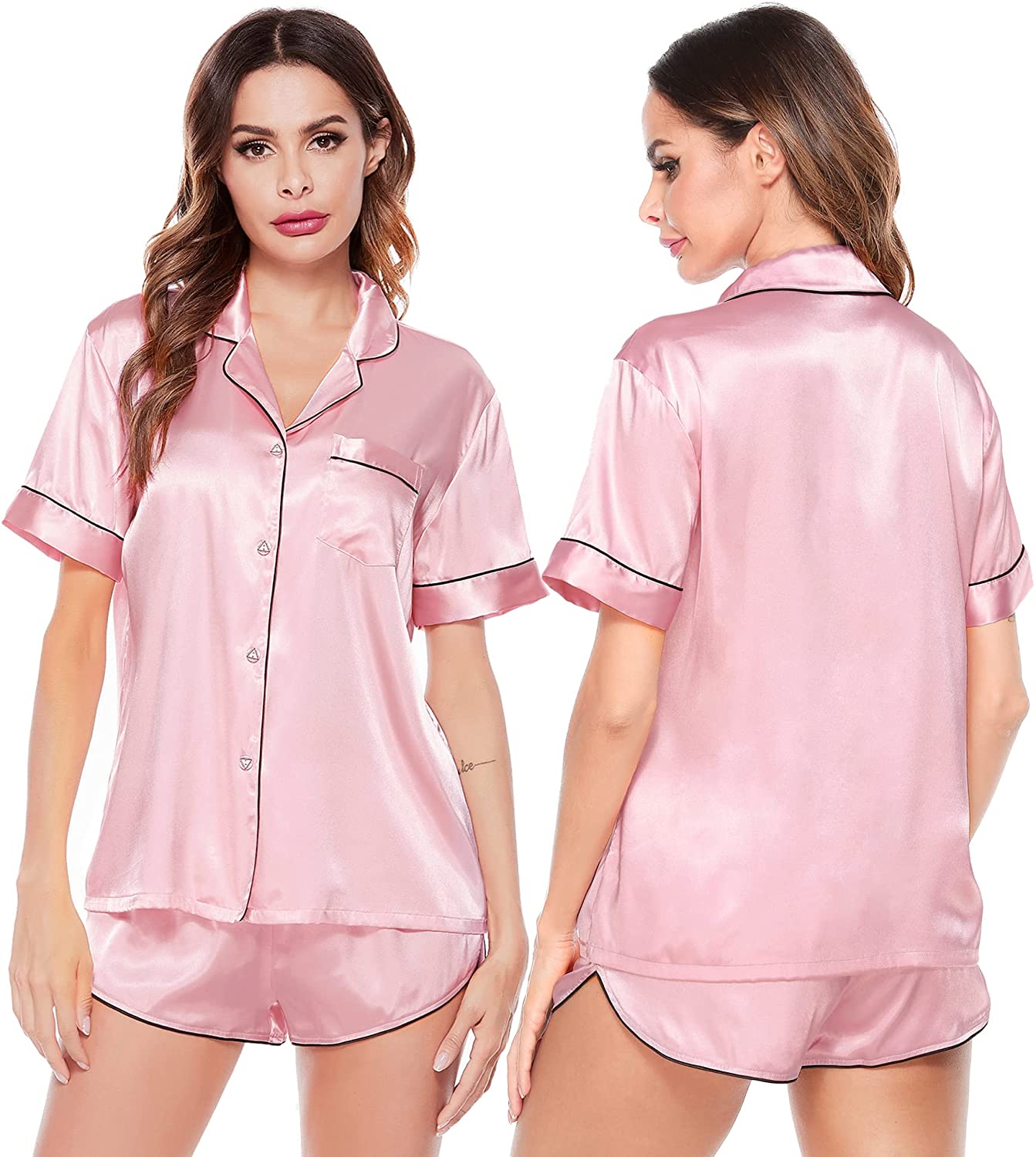 Price:$15.99 Pajama Set for Women Satin Pajamas Short Sleeve Sleepwear 2 Piece Button Down Pj Set at Amazon Women’s Clothing store