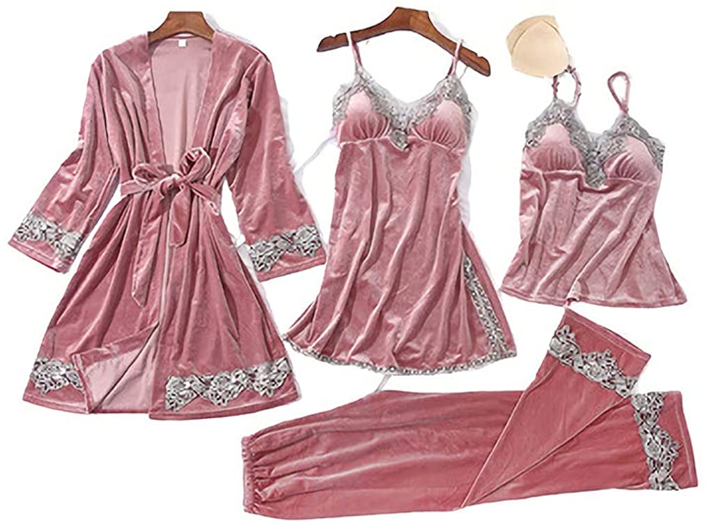 Price:$30.99 Women Velvet Pajamas Sets Warm Sleepwear Sexy Lace V-Neck 4 Piece Sets with Chest Pads Pink : Clothing, Shoes & Jewelry