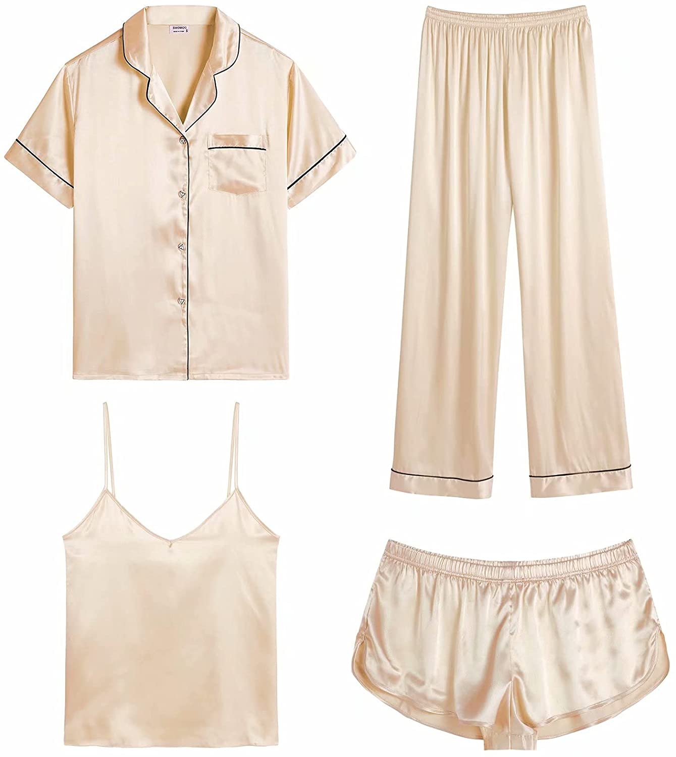 Price:$24.99 Womens 4pcs Pajamas Sets Silk Satin Sleepwear Sexy Cami with Button Down Short Sleeve Shirt Pjs Loungewear at Amazon Women’s Clothing store