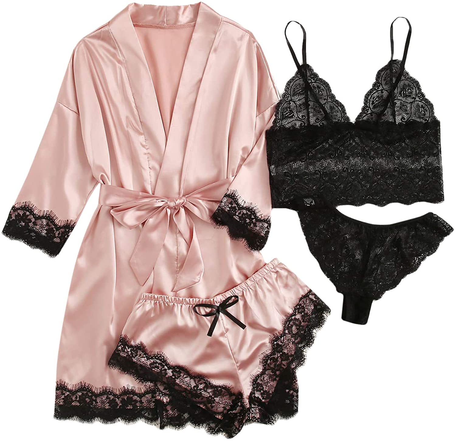 Price:$23.99 Women's 4 Pieces Satin Floral Lace Cami Top Lingerie Pajama Set with Robe at Amazon Women’s Clothing store