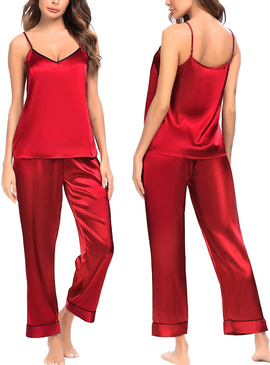 Price:$15.39 Women's Satin Pajamas Set Silk Sleepwear V-Neck Cami Nightwear Sexy Lingerie Pjs Set at Amazon Women’s Clothing store