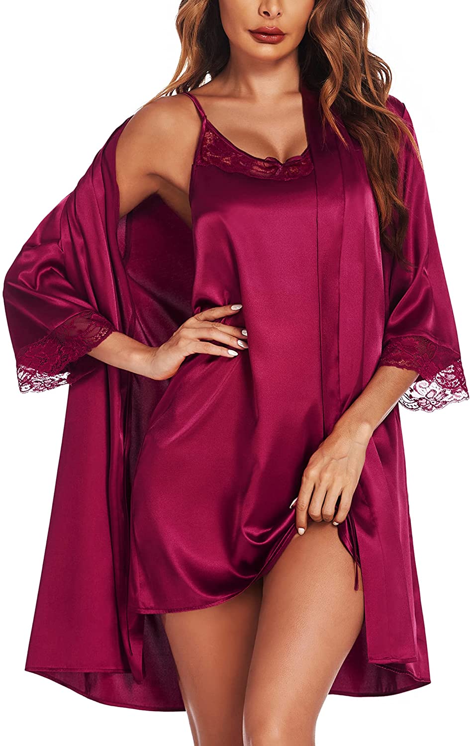 Price:$37.99 Satin Robes Set Women's Silk Nightgown 2 Piece Sleepwear Sexy Lace Cami Nightwear at Amazon Women’s Clothing store