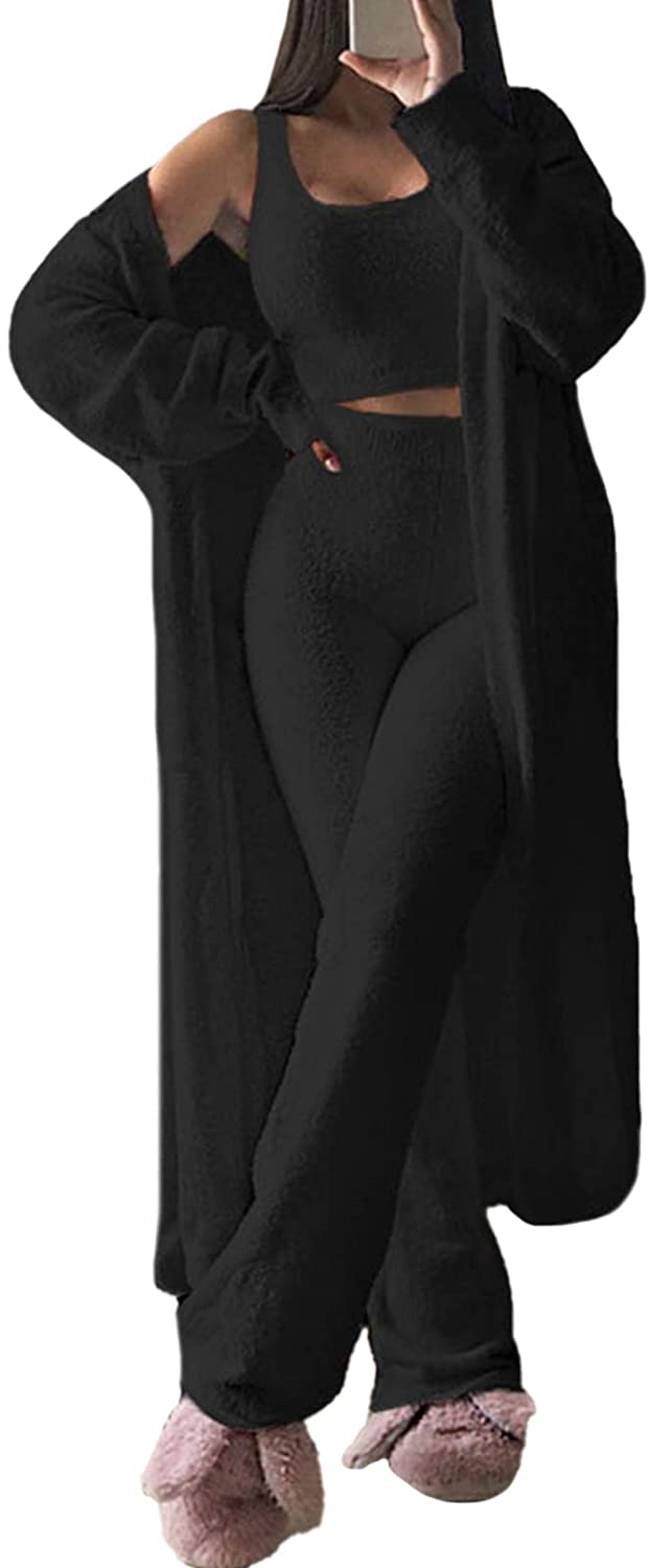 Price:$33.99 Women's Fuzzy 3 Piece Sweatsuit Open Front Cardigan Crop Tank Tops Wide Legs Pants Lounge Sets at Amazon Women’s Clothing store