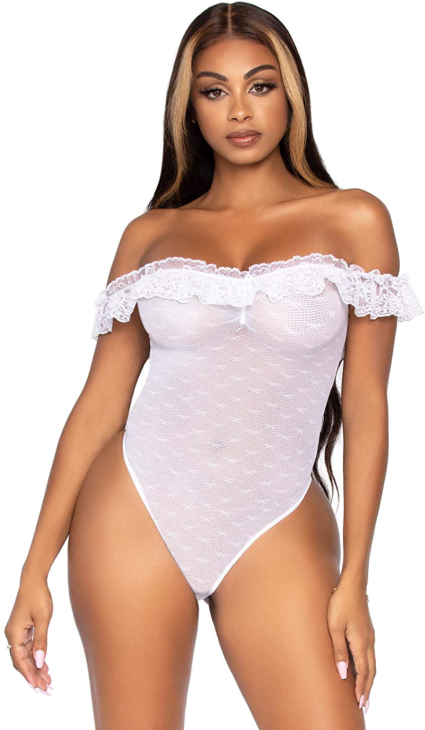 Price:$23.99 Avenue Women's Lace Ruffle Off The Shoulder Teddy with Snap Crotch, White, O/S: Clothing, Shoes & Jewelry