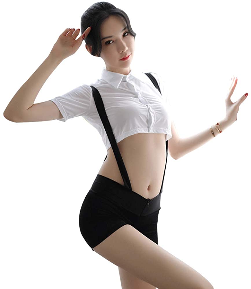 Price:$17.99 College uniform seduction role play underwear sexy suspender shorts with shirt white sex appeal suit (black white) : Clothing, Shoes & Jewelry