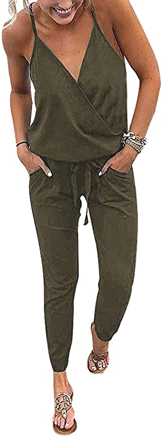Price:$30.99 Women's V Neck Spaghetti Strap Drawstring Waisted Long Pants Jumpsuit Rompers : Clothing, Shoes & Jewelry