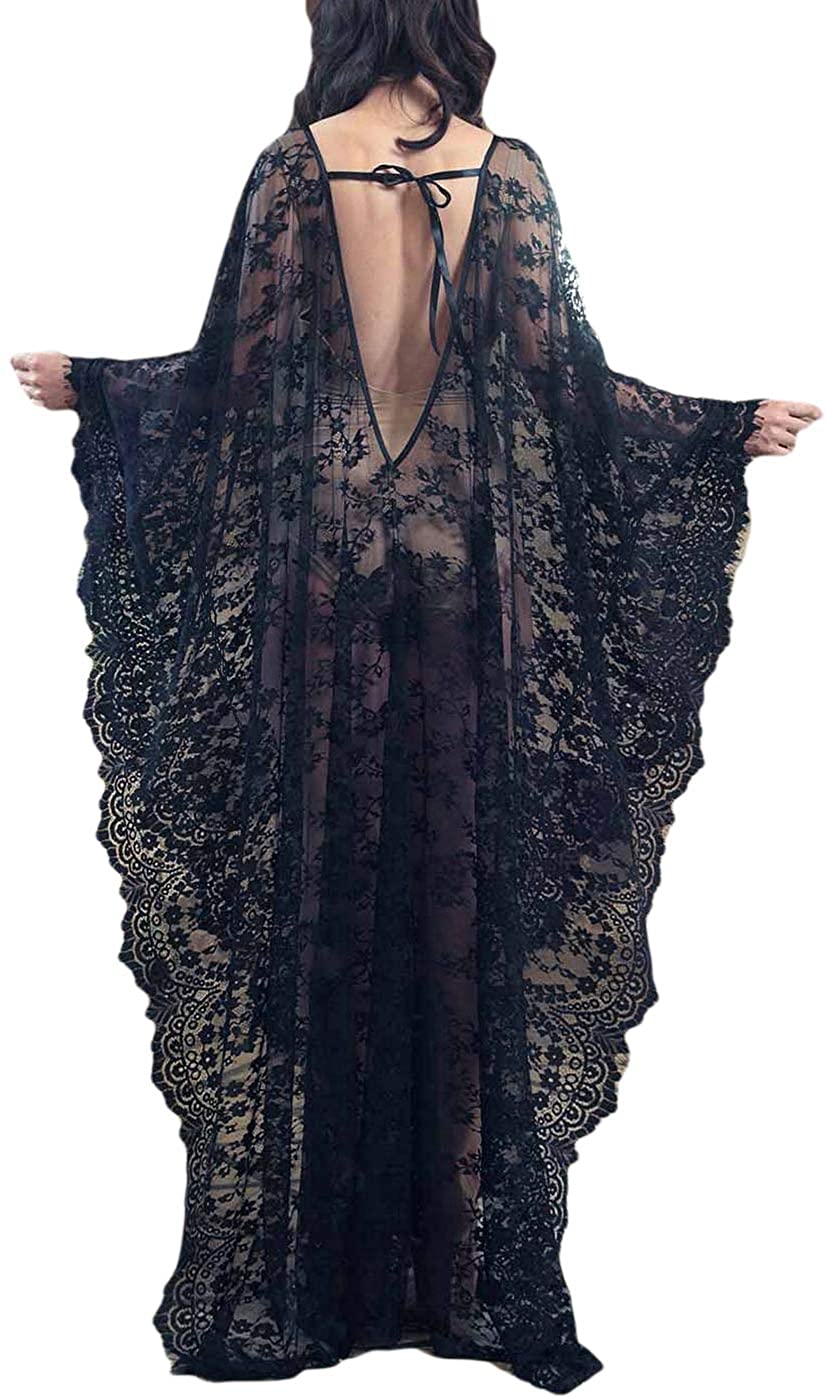 Price:$26.99 Sexy Black See Through Backless Lace Beachwear Cover Up Loose Plus Size V Neck Long Sleeve Kaftan Dress at Amazon Women’s Clothing store