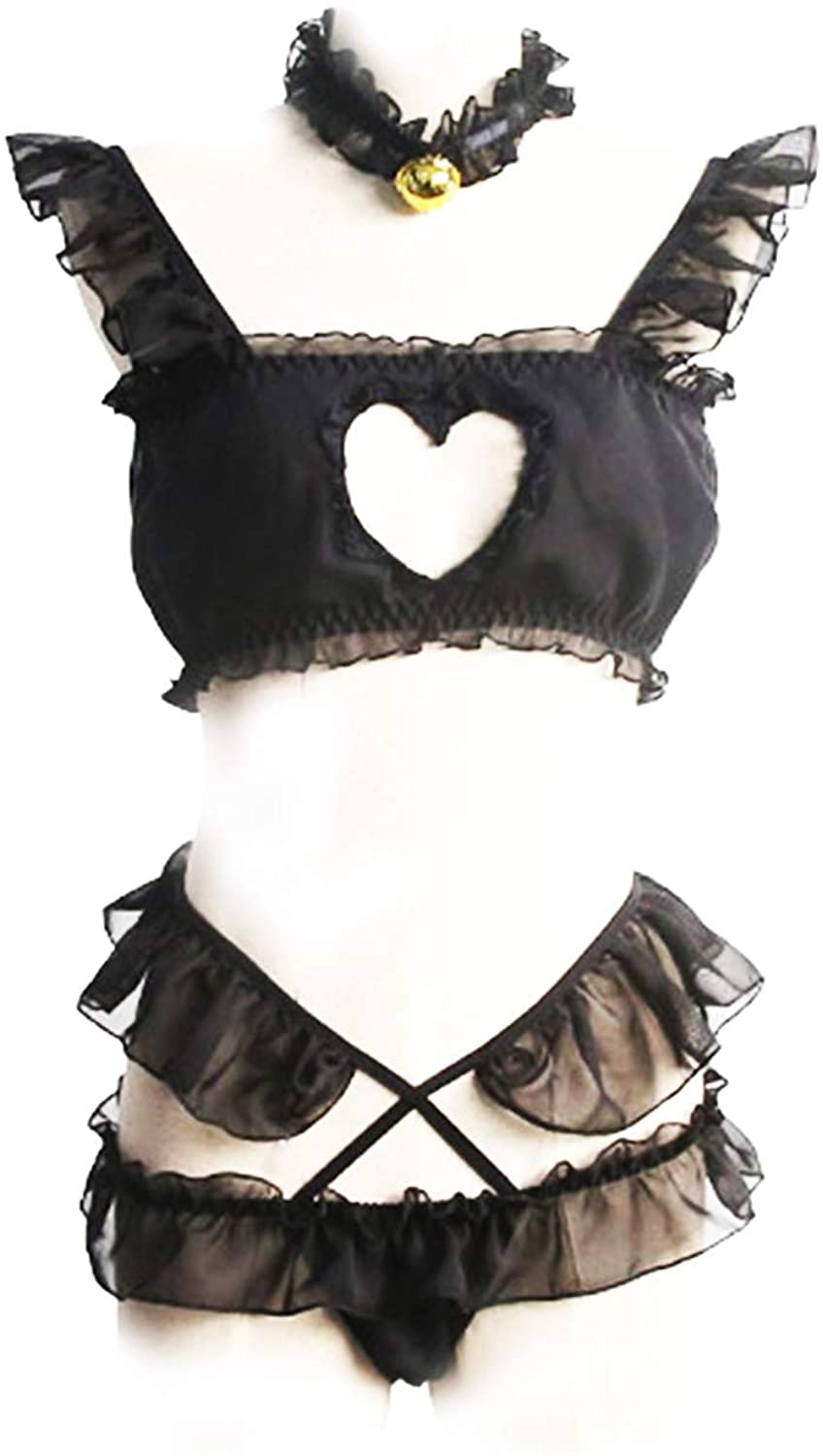 Price:$18.99 Cosplay Lingerie Set Kawaii Anime Lolita Underwear Heart Hollow Outfit Bra Pantie Pajama (Black, One Size): Clothing, Shoes & Jewelry