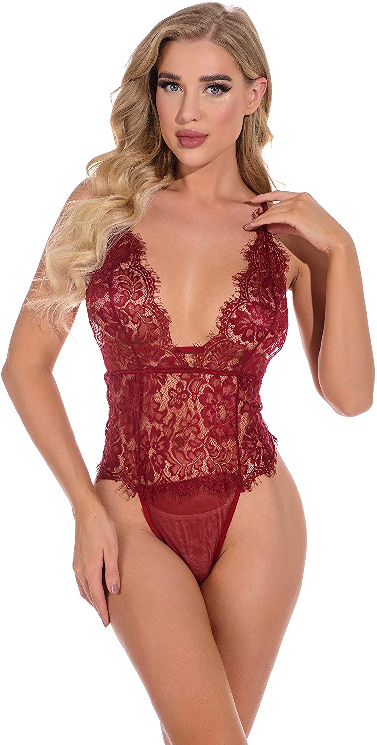 Price:$13.99 One Piece Lingerie Sexy Eyelash Lace Bodysuit Deep V Lingerie Mini Teddy Babydoll Sleepwear at Amazon Women’s Clothing store