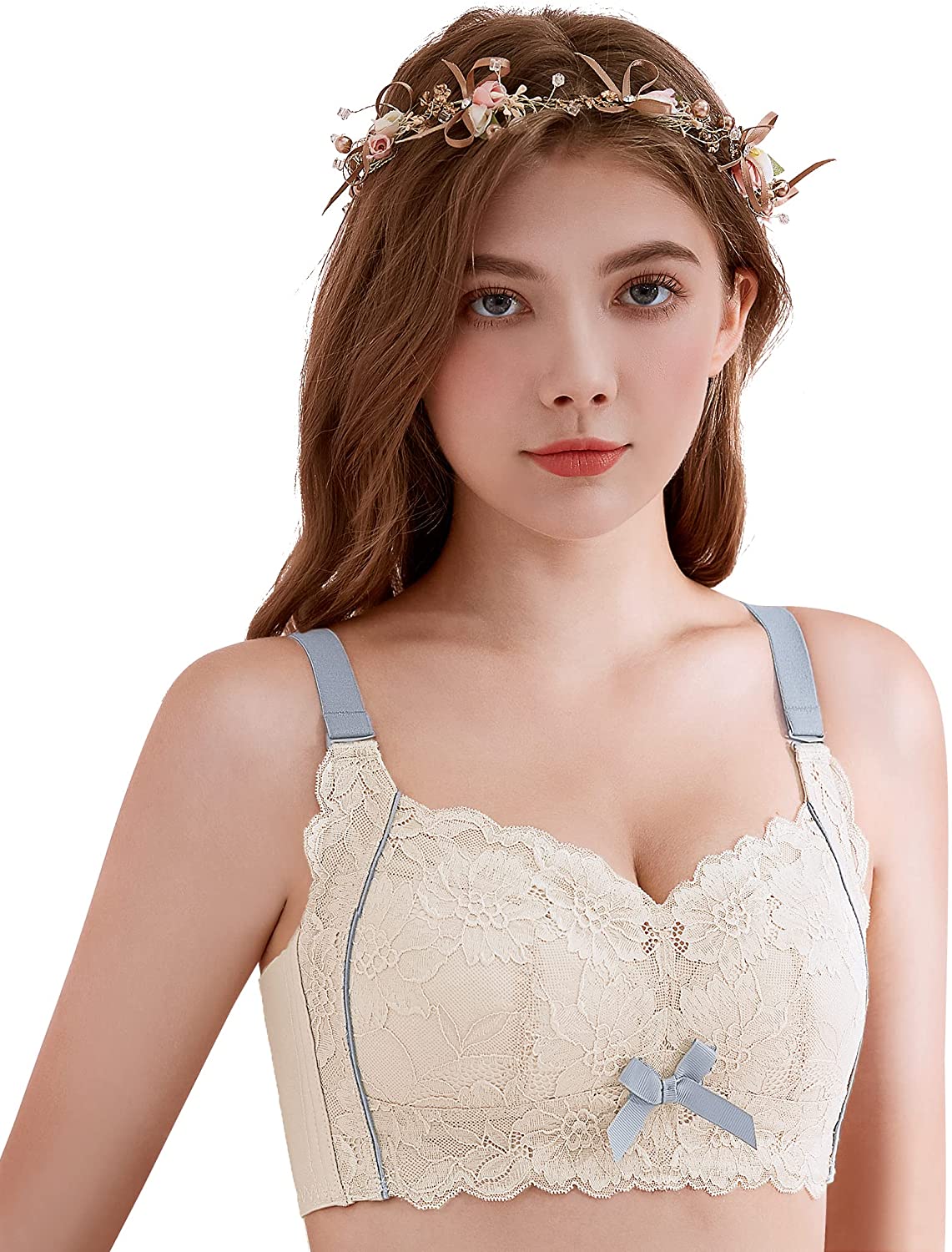 Price:$24.99 32-40(B-DD) Wireless Minimizer Natural Oak Latex Thin Smooth Cup Full Coverage Lace Lift Colorblock Bra at Amazon Women’s Clothing store