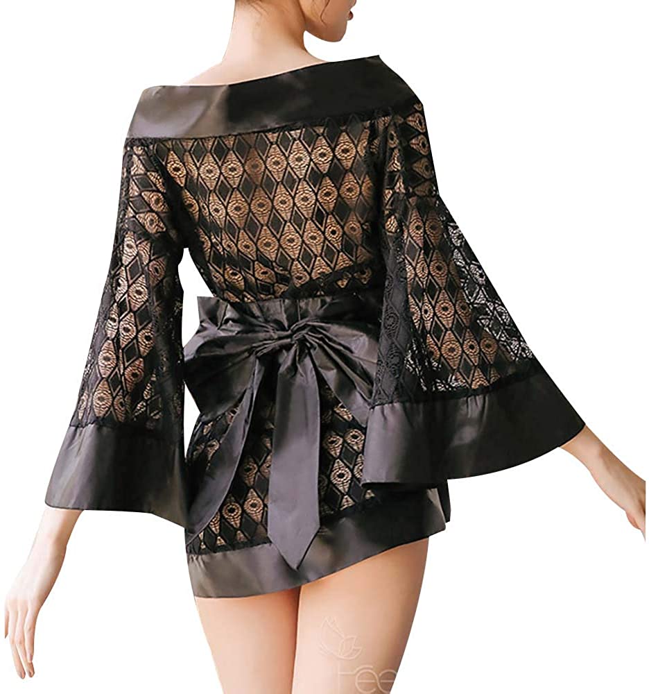Price:$18.88 Japanese Kimono Mini Dress Outift Black Chiffon Floral Kimono Robe with OBI Sexy Costumes Role-Playing Lingerie Set (Black) : Clothing, Shoes & Jewelry