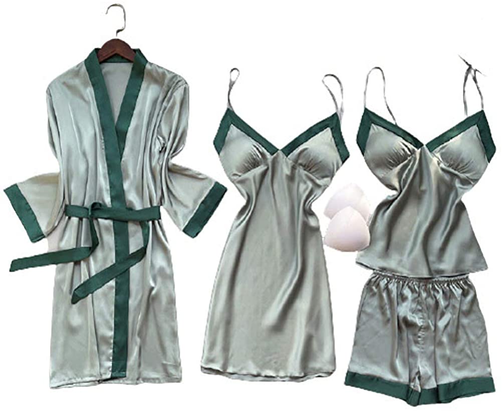 Price:$20.99 Women's Silk Satin Pajamas Sets Sexy 4Pcs Sleepwear Nightwear at Amazon Women’s Clothing store