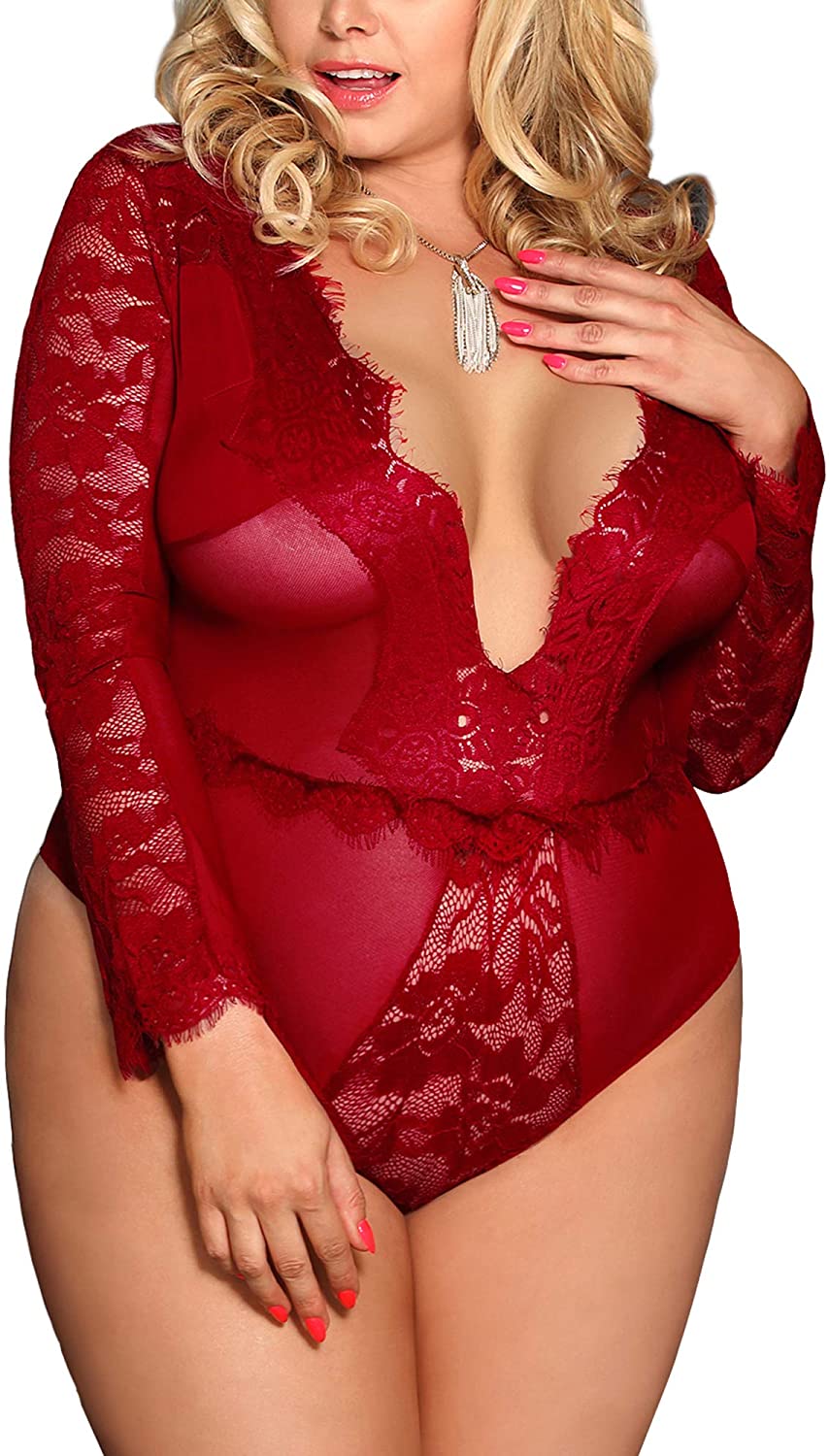 Price:$15.99 Women's Sexy Sheer Lace Lingerie Long Sleeve Deep V One Piece Teddy Bodysuit: Clothing, Shoes & Jewelry
