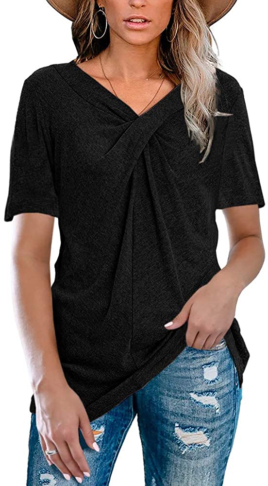 Price:$16.99 V Neck Short Sleeve Summer T Shirt Cross Knot Loose Casual Tunic Tops at Amazon Women’s Clothing store