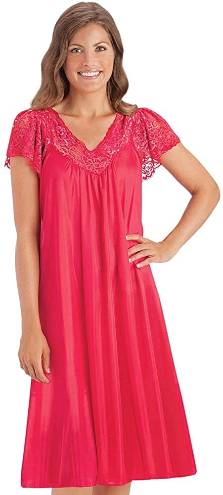 Price:$17.98 Lace Trim V-Neckline Knee-Length Nightgown with Flutter Lace Sleeves at Amazon Women’s Clothing store