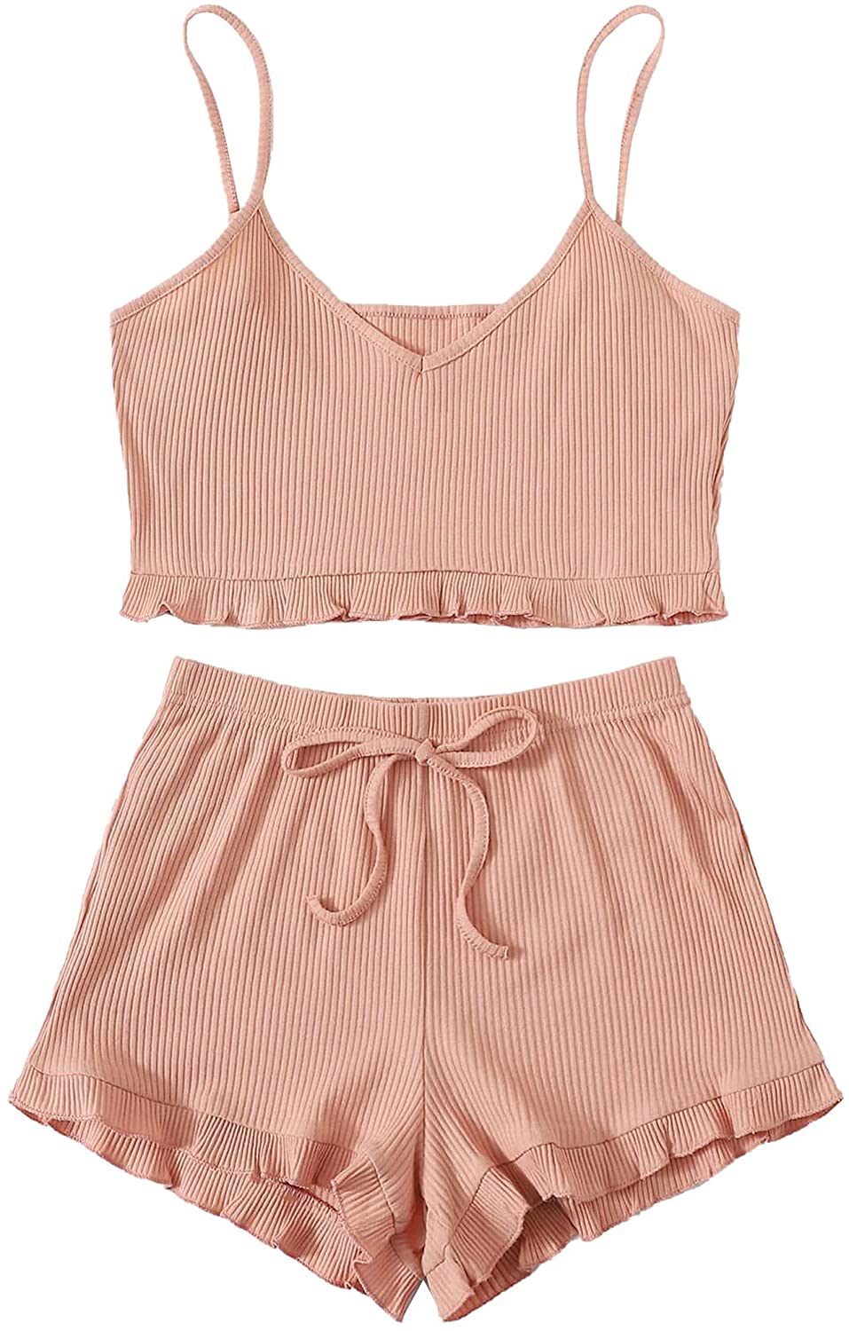 Price:$6.99 Women's Pajama Set Ruffle Trim Cami Top and Shorts 2 Piece Sleepwear Set at Amazon Women’s Clothing store