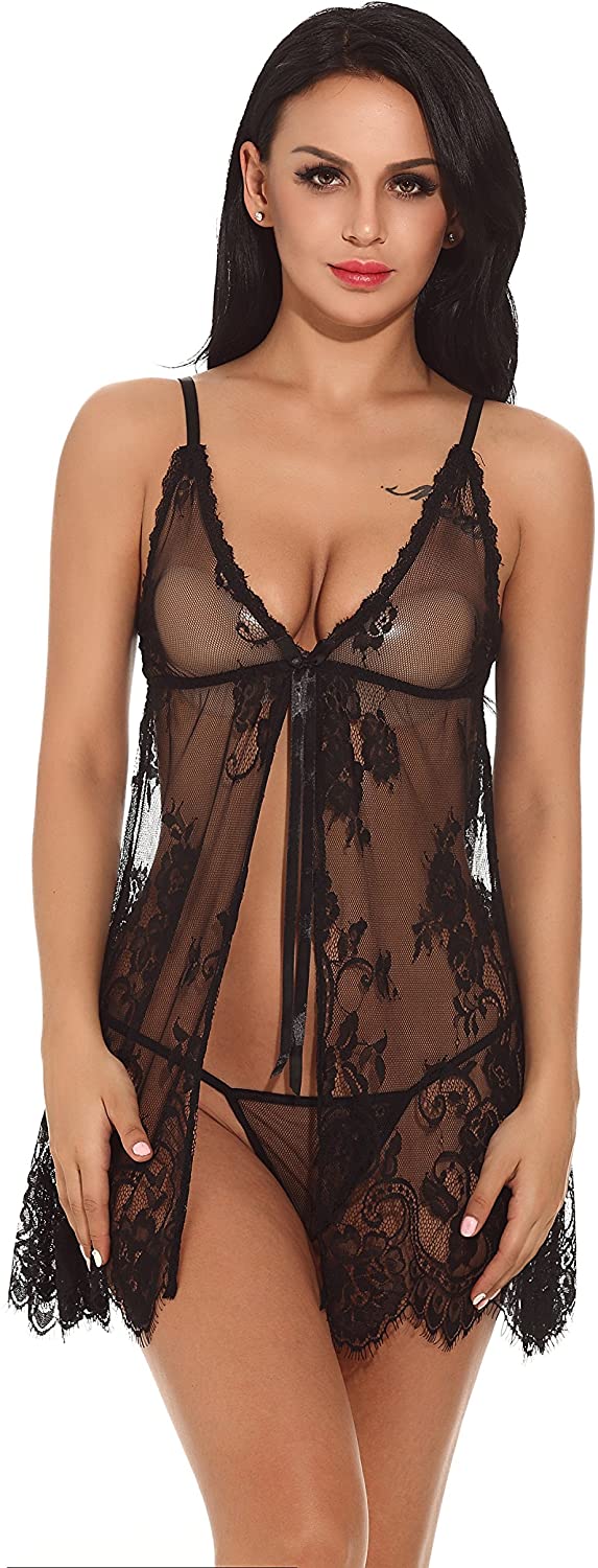 Price:$13.99 Sexy Womens Lingerie Chiffon Transparent Babydoll G-String Set Front Nightwear Nightdresses Light Black at Amazon Women’s Clothing store