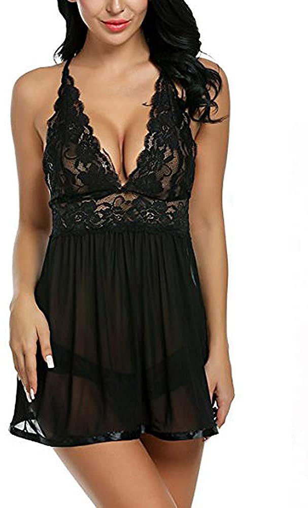 Price:$9.99 Lingerie for Women Black Blue Lace Bodysuit Set 2 Pieces Deep V Babydoll Chemise Nightgown Plus Size(76,BK,s) at Amazon Women’s Clothing store