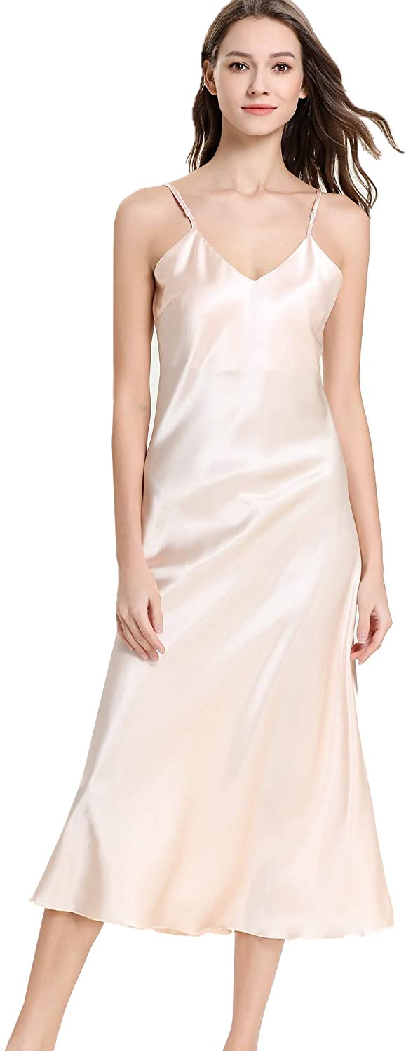 Price:$19.91 Womens Silky Nightdress Deep V-Neck Satin Full Slip Lingerie Sleepwear at Amazon Women’s Clothing store
