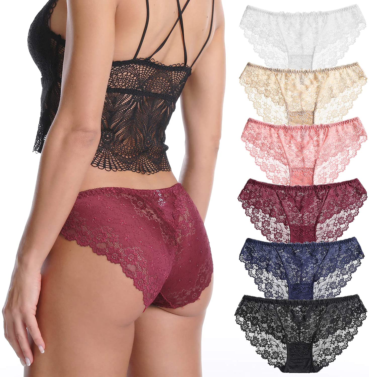 Price:$14.39 Women's Sexy Lace Panties, Bikini Cheeky Underwear Hipster Panty All Lacy Low Rise Full Coverage Pack of 6 … at Amazon Women’s Clothing store